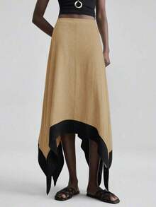 Ontre 2026 Falda asimétrica de mujer para primavera/verano, tela de lino suave a la piel, con ribete de color contrastante, atuendo elegante y moderno para invitada de boda, con sensación de lujo romántico minimalista francés, estilo urbano chic de oficina casual, estilo vintage de alta gama discreto, atuendo de alta calidad para aeropuerto/crucero, esencial para festival de Oriente Medio, tela premium versátil para todas las estaciones, falda de mujer para boda, uso en vacaciones/playa/oficina - Caqui - Ver 3