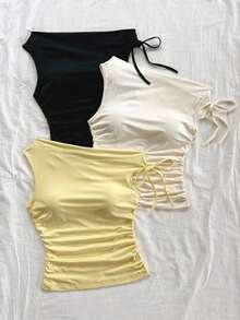 Vestido casual de color crema amarillento para invitados a bodas en la playa, graduación, brunch, adecuado para el Día de San Patricio, vacaciones de primavera, Pascua, festivales de música, elegante, bohemio, tropical, sin mangas, con cuello recogido - Multicolor 3 - Ver 5