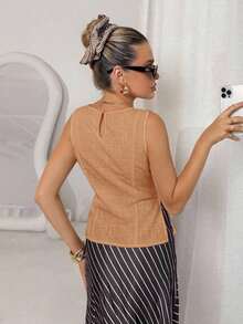 Camisa blanca de lino sin mangas, ajustada, con botones de nudo de bambú, estilo vintage para oficina - Naranja Quemada - Ver 2
