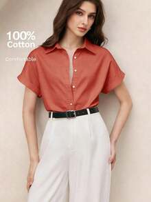 Nueva llegada Camisa casual de manga corta con botones delanteros de unicolor, adecuada para uso diario, primavera/verano - Naranja - Ver 2