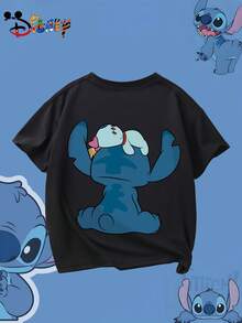 1pc Disney Boys & Girls Kids Lilo & Stitch Stitch T-Shirt - Cute Stitch & Scrump Back Print, Breathable Summer Short Sleeve Tee Suitable For 8-14 Years Boys & Girls, Birthday Outfit, School Uniform, Outdoor Play - Official Kids Apparel - Black - View 2