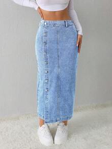 Tall Falda vaquera de mujer, casual, suelta, con abertura lateral, falda midi azul, falda larga para mujeres, falda azul claro, falda azul, ropa de invierno para mujer - Lavado ligero 3 - Ver 6