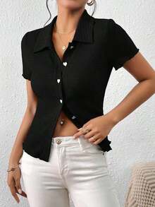 Frenchy Camiseta unicolor con botón delantero - Negro - Ver 2