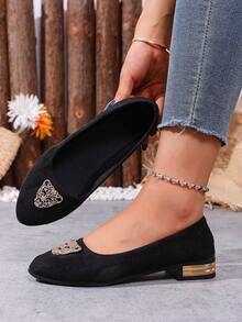 2026 Spring/Autumn New Black Velvet Pointed Toe Shoes, Fashion Leopard Head Crystal Decor Low Heel Low Vamp Comfortable Casual Soft Bottom Work Shoes - Black - View 7