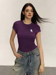 Camiseta de manga corta casual y versátil con estampado de caballero, para verano - Morado - Ver 3