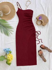 Vestido de mujer con textura de gofre tejido, diseño ajustado con abertura y cordón, adecuado para fiesta, cita, sexy, té de la tarde, playa, verano, festival de música, temporada de bodas - Burdeos 2 - Ver 4