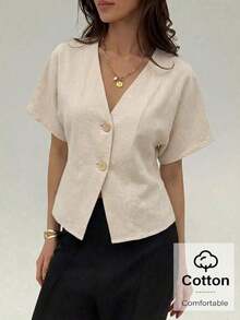 Camisa blanca sólida con mangas de murciélago, doble botonadura y frente abierto elegante - Albaricoque - Ver 3