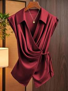 Camisa de mujer con estampado de flores silvestres, cuello, sin mangas, con lazo en la cintura - Burdeos - Ver 1