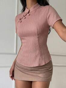 Blusa de cuello Mao de manga corta con cintura ceñida, estilo chino nuevo en color albaricoque, nuevo diseño de primavera/verano para mujer - Rosa vieja - Ver 5
