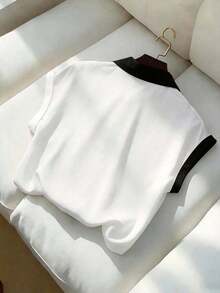 Blusa elegante de manga corta con bloques de color para mujer, verano - Negro - Ver 2