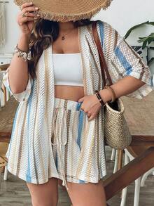 VCAY Conjunto de 2 piezas de camisa y shorts a rayas azules y blancas para mujer de talla grande, ropa de verano para vacaciones en la piscina, estilo boho chic, ropa de mujer, conjuntos para brunch, ropa para el aeropuerto, ropa para vacaciones en la playa, ropa para escapadas urbanas, ropa de vacaciones, ropa occidental para mujer, ropa occidental para mujer, conjuntos de verano europeos para vacaciones en la isla, conjuntos para luna de miel, conjuntos de estilo Old Money South Beach, conjuntos de la  de Amalfi, conjuntos de encaje, top de encaje. - Multicolor 3 - Ver 8
