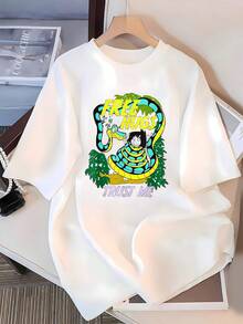 Gráfico de serpiente colorida abrazando a un gato con palabras divertidas que transmiten humor y confianza camiseta de mujer  cómoda y casual para uso diario - Blanco - Ver 3