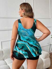 Swim Lushoire Vestido de baño con estampado de mármol para playa de talla grande y pantalones cortos de baño sólidos - Verde - Ver 2
