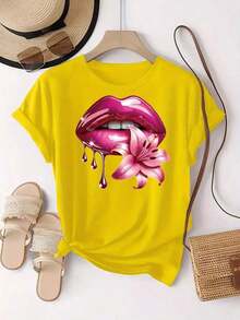 Labios Rosados con Estampado de Lirios |     Diseño Romántico y Elegante, Camiseta Deportiva Casual de Manga Corta con Cuello Redondo para Mujer, Top Cómodo - Negro - Ver 6