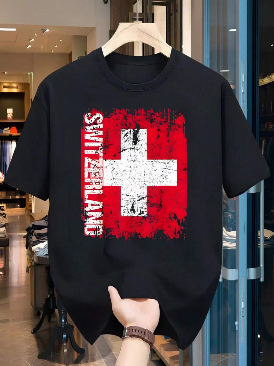 Camiseta gráfica de bandera suiza para hombre - Transpirable, poliéster de secado rápido, camiseta casual de manga corta para correr y deportes, cuello redondo, azul oscuro con diseño de cruz roja, camiseta deportiva | Estilo casual | Tejido duradero