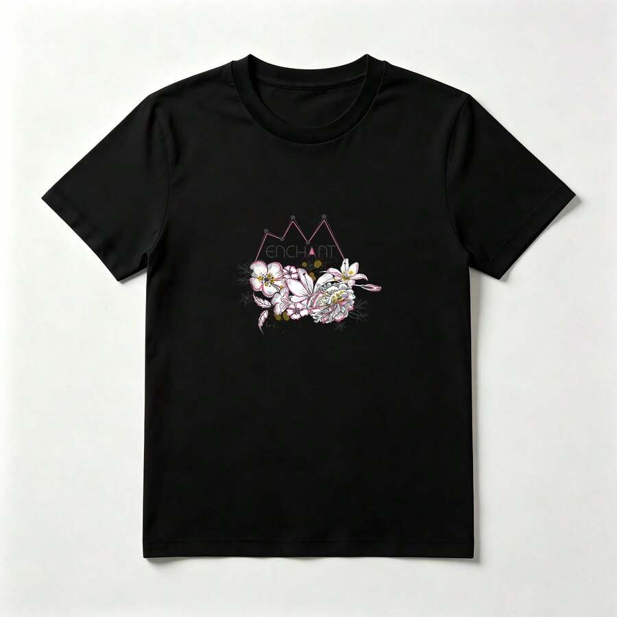 Playera Elegante con Estampado de Flores con Líneas Geométricas de Algodón Negro - Negro - Ver 1