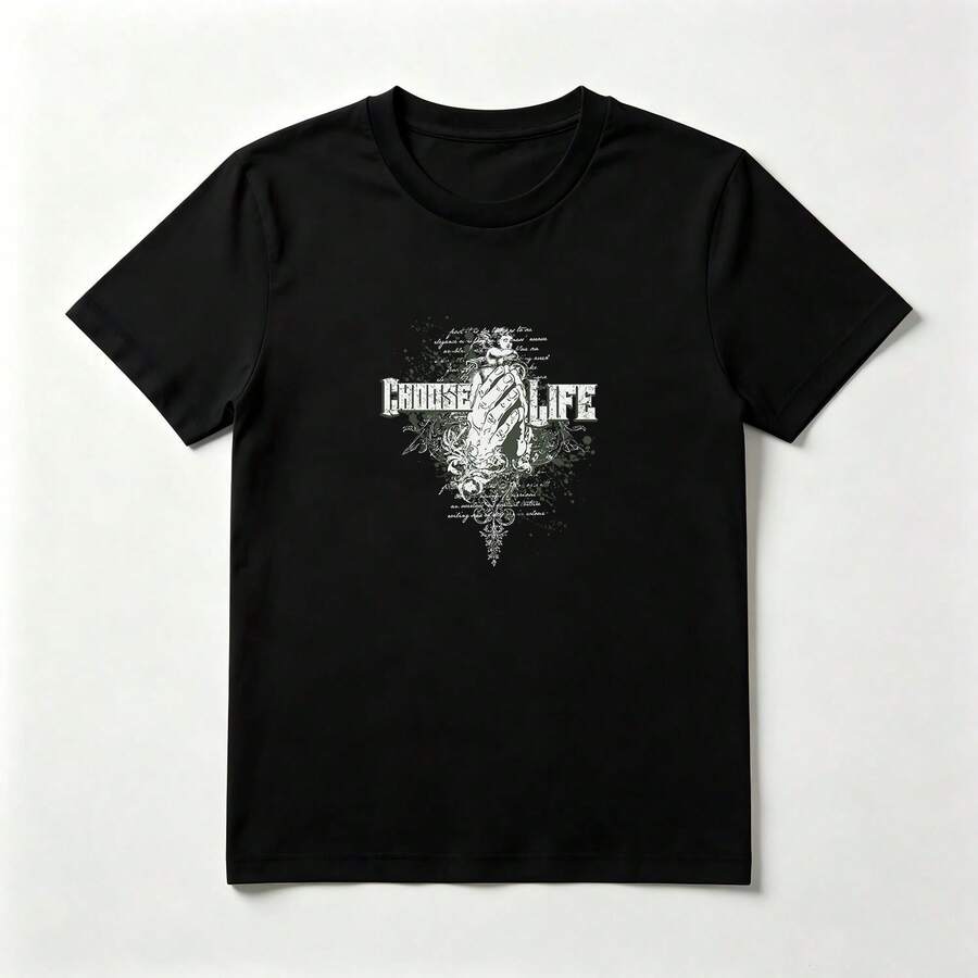 Mano Estilizada Playera Gráfica de Algodón Negro Desgastada - Negro - Ver 1
