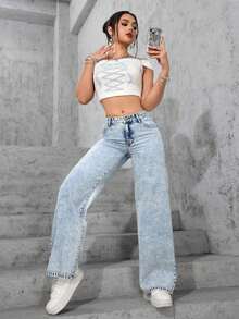 ICON Solid Color Wide Leg Pocket Jeans, Casual And Versatile - 淺色水洗 7 - 查看 4