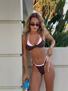 Conjunto de traje de baño para mujer 2026, parte superior de bikini con estampado de lunares y contraste de color tipo halter sexy con espalda descubierta, y Bottom tipo tanga, adecuado para el Día de San Valentín, la playa, resort, vacaciones al aire libre en verano - Rosa - Ver 4