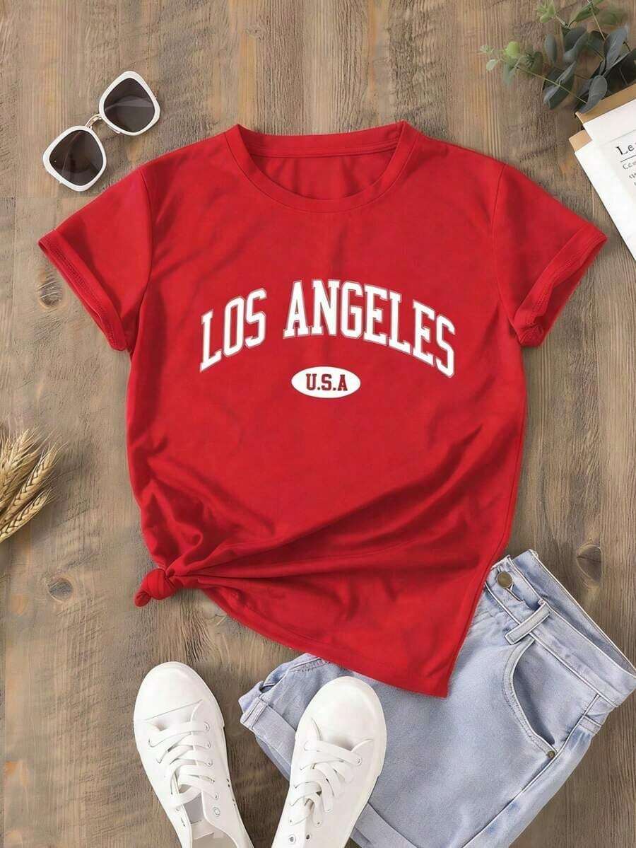 Camiseta Casual Holgada de Verano Transpirable, Camiseta de Manga Corta con Estampado de Letras para Mujer, Tops Casuales para Damas con Patrones Únicos, Camiseta Moderna y Fresca - Rojo - Ver 1