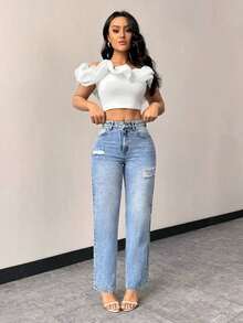 Jeans rectos de talle alto con bolsillos, ajustados y desgastados para mujer - Lavado ligero 2 - Ver 4