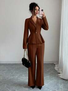 Elenzya Traje elegante que afina la cintura, pantalones acampanados y estilizadores para uso diario, adecuado para vacaciones, citas, Día de la Independencia, atuendo de maestra - Marrón Mocha - Ver 5