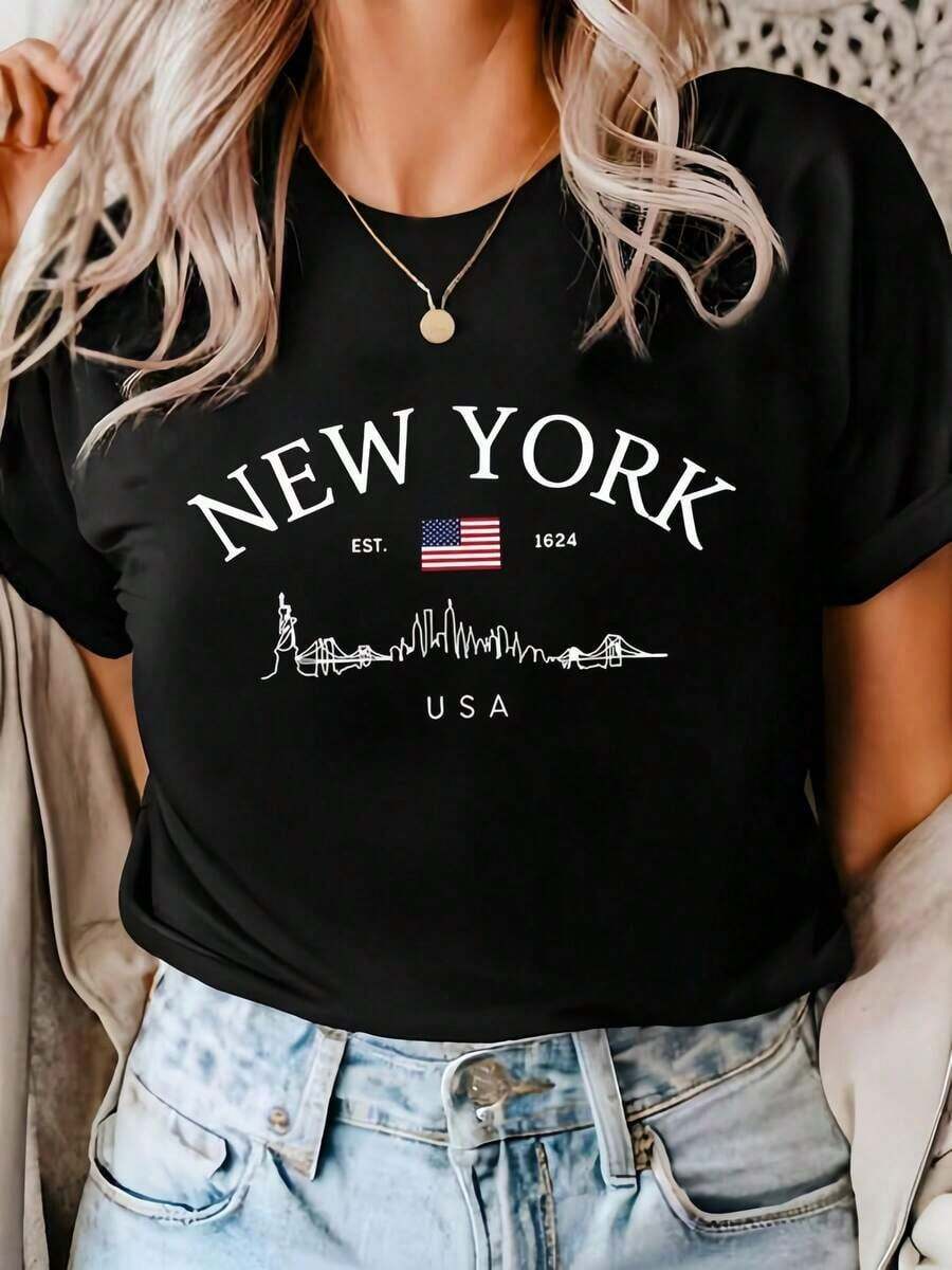 1pc Women' New York Skyline Print Black TShirt, Crew Neck, Casual Cotton Tee Medium Stretch Knit Fabric, Regular Fit For Female Ladies For Spring/Summer/Fall-Vintage Street Style Unisex Loose Cotton Short Sleeve Crew Neck T-Shirt100%cotton - Negro - Ver 1