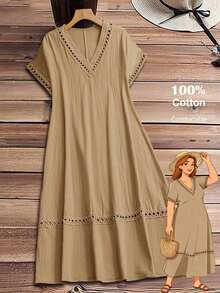 Vestido casual holgado de unicolor con cuello en V y mangas cortas para mujer de talla grande - Caqui - Ver 10