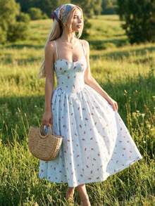 Vestido casual de tirantes tipo sundress de flujo con estampado floral minimalista en amarillo para primavera y verano - Multicolor 2 - Ver 1
