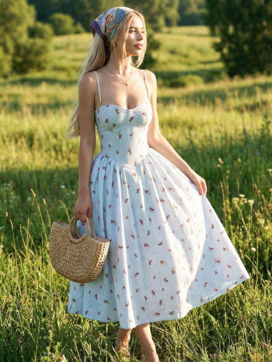Vestido casual de tirantes tipo sundress de flujo con estampado floral minimalista en amarillo para primavera y verano - Multicolor 2 - Ver 1