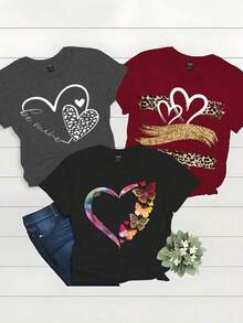3 piezas Camiseta de mujer con combinación de estampado de leopardo y floral con forma de corazón, camisetas gráficas de verano para mujeres - Multicolor 4 - Ver 1