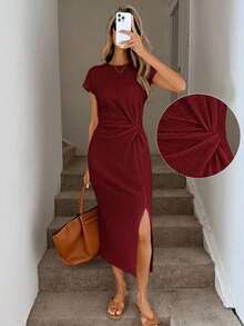 Vestido midi casual de mujer con estampado de lunares, cintura retorcida y abertura alta sin mangas; Vestido ajustado texturizado casual de mujer; Conjunto de fitness de mujer; Vestido de invitada de boda de mujer; Atuendo de oficina de mujer - Burdeos - Ver 6