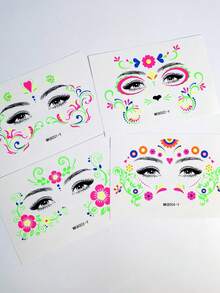 4pcs Neon Floral Temporary Tattoos, Glow-In-The-Dark Body Art Stickers, Suitable For Night Parties, Music Festivals, Cheek & Brow Art In Spring/Summer - Multicolor - View 7