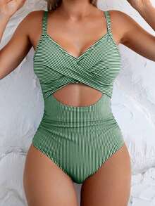 Basics 1 pieza Traje de baño de una sola pieza de mujer minimalista de unicolor con diseño hueco y cruzado en la parte delantera, con tirantes gruesos, para verano - Verde - Ver 5