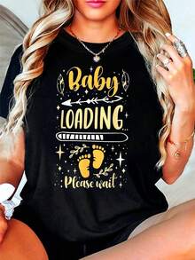 Plus Size, LOADING Please Wait, Women's Plus Size Graphic Print T-Shirt, Short Sleeve, Round Neck, Casual Top For Summer And Spring, Women's Clothing - 黑色 - 查看 7