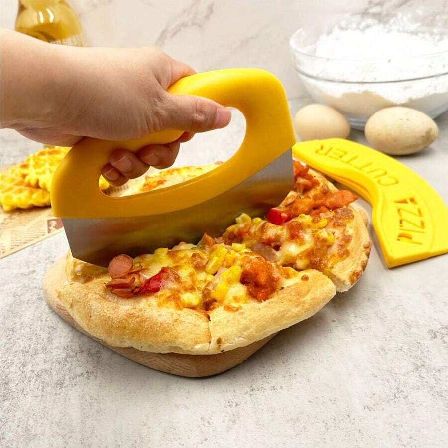 1pc Stainless Steel Pizza Cutter With Protective Cover, Sharp Blade Pizza Rocker Slicer With Ergonomic Yellow Handle, Multi-Purpose Kitchen Tool For Cutting Pizza, Bread, Dough, Vegetables And Salads, Easy To Clean And Store, Durable Baking And Cooking Accessory For Home Kitchens And Food Lovers - Multicolor - View 1