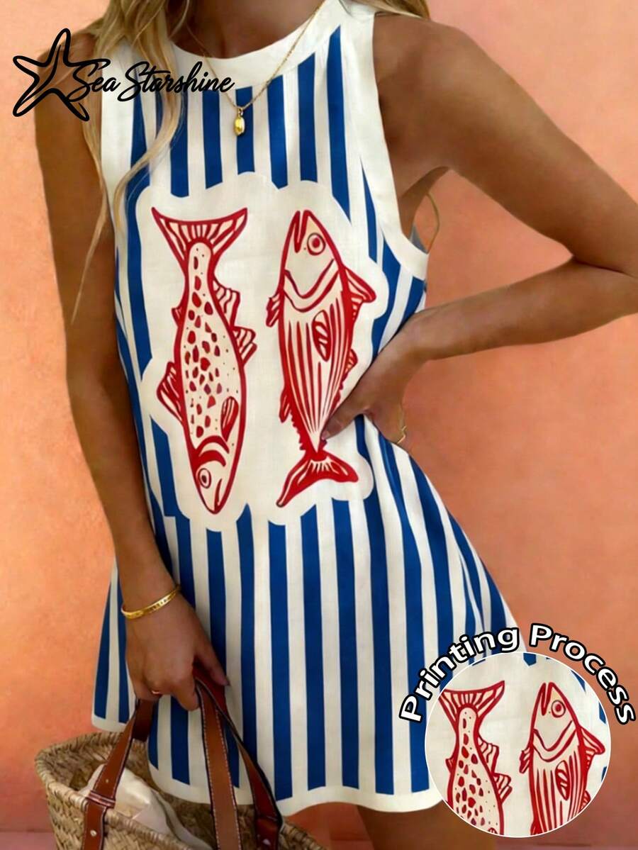 Starfish Shiny Bohemian Style Summer Beach Vacation Comfortable Women's Colorblock Striped Fish Print Sleeveless Dress - Blue - View 1