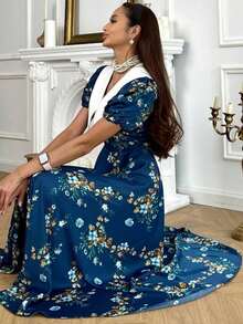Vestido largo floral azul estilo primer amor 2026, cuello muñeca, manga corta, diseño elegante y favorecedor - Azul - Ver 3