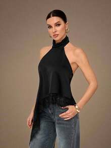 Tall Top de camisola sin espalda con adorno de encaje elegante, blusa sin mangas de satén con parches sexy para fiestas, cócteles, ocasiones formales, Navidad, casual de negocios - Negro - Ver 4