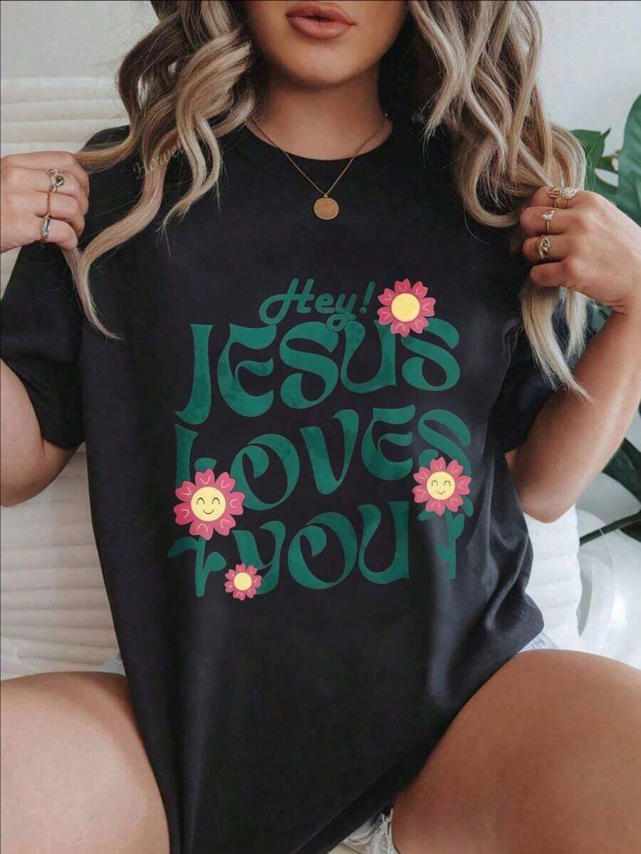 Camiseta Casual de Manga Corta para Mujer Estilo Vintage - Diseño Floral "Hey Jesus Loves You", Cuello Redondo, Top de Verano, Lavable a Máquina, Camisetas para Damas, Ropa Casual, Estilo Moderno, Ajuste Cómodo
BlackFashion - Negro - Ver 1