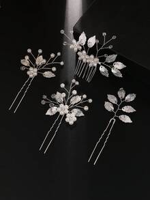 4件套水晶仿珍珠花朵合金叶子新娘发饰，婚礼派对伴娘花童头饰，情人节、节日、生日适用 - 63275 - 查看 6