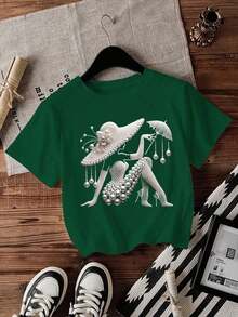 Women's Short-Sleeved T-Shirt With Vintage And Elegant Pearl Design, Elastic Polyester Fabric, Round Neck, Urban Casual Style For Spring/Summer, Black And White Pearl Design. - 墨綠色 - 查看 7
