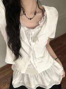 Women's Lace Patchwork Casual Versatile Daily Wear Short Sleeve T-Shirt White Summer - White - View 7