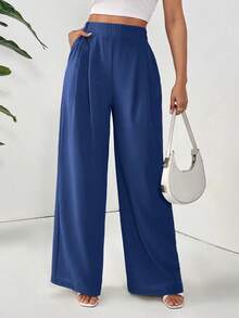 Pantalones casuales sueltos con bolsillos plisados y unicolor básico para mujer - Azul marino 2 - Ver 6
