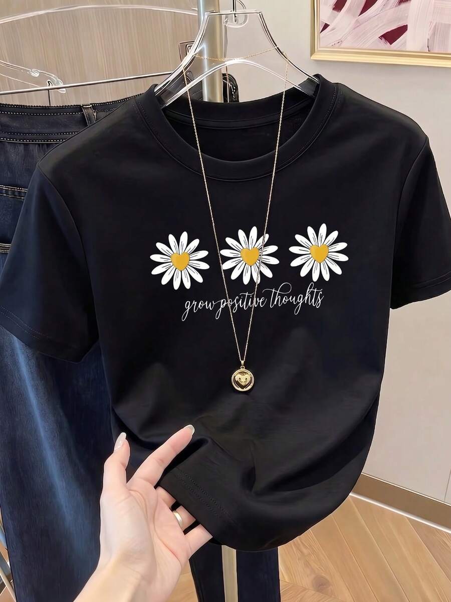 Camiseta de manga corta con estampado para mujer, ropa de primavera, atuendo para festividades, blanca para verano, look playero, estilo vacacional, estilo rural, atuendo de oficina para mujer. - Negro - Ver 1
