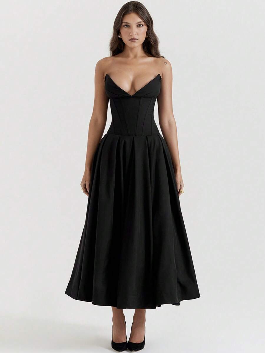 Vestido primaveral strapless con corsé estructural espalda descubierta corte A elegante sensual y moderno estilo moda europea para mujer - Negro - Ver 1