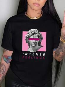 Playera nueva temporada primavera-verano para mujer, con estampado, manga corta y cuello redondo. Modelo básico, cómoda, fresca y ligera, estilo juvenil, moderno y casual. Diseño dulce y delicado, ideal para combinar en primavera y verano. - Negro - Ver 1