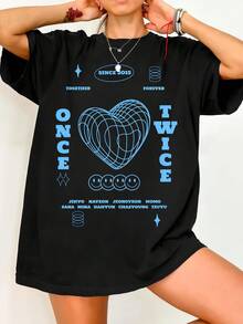 Twic.E Once Forever Wireframe Heart Graphic Tee. Vintage Graphic Print, Casual Black Cotton Short-Sleeved T-Shirt. - Black - View 1
