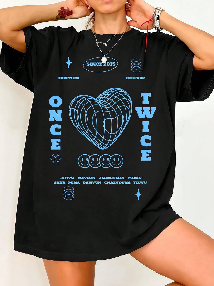 Twic.E Once Forever Wireframe Heart Graphic Tee. Vintage Graphic Print, Casual Black Cotton Short-Sleeved T-Shirt. - Black - View 1