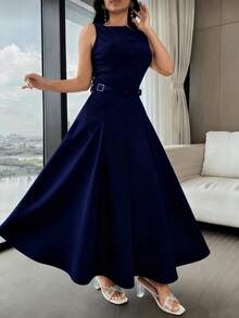 Elegant, Sleeveless, Plain Long Dress For Formal Weddings And Events. - Màu xanh hải quân - Xem 2